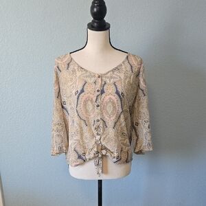 REVOLVE GYPSY 05 Silk Beige Paisley Button Down Tie Waist Blouse Sz MEDIUM